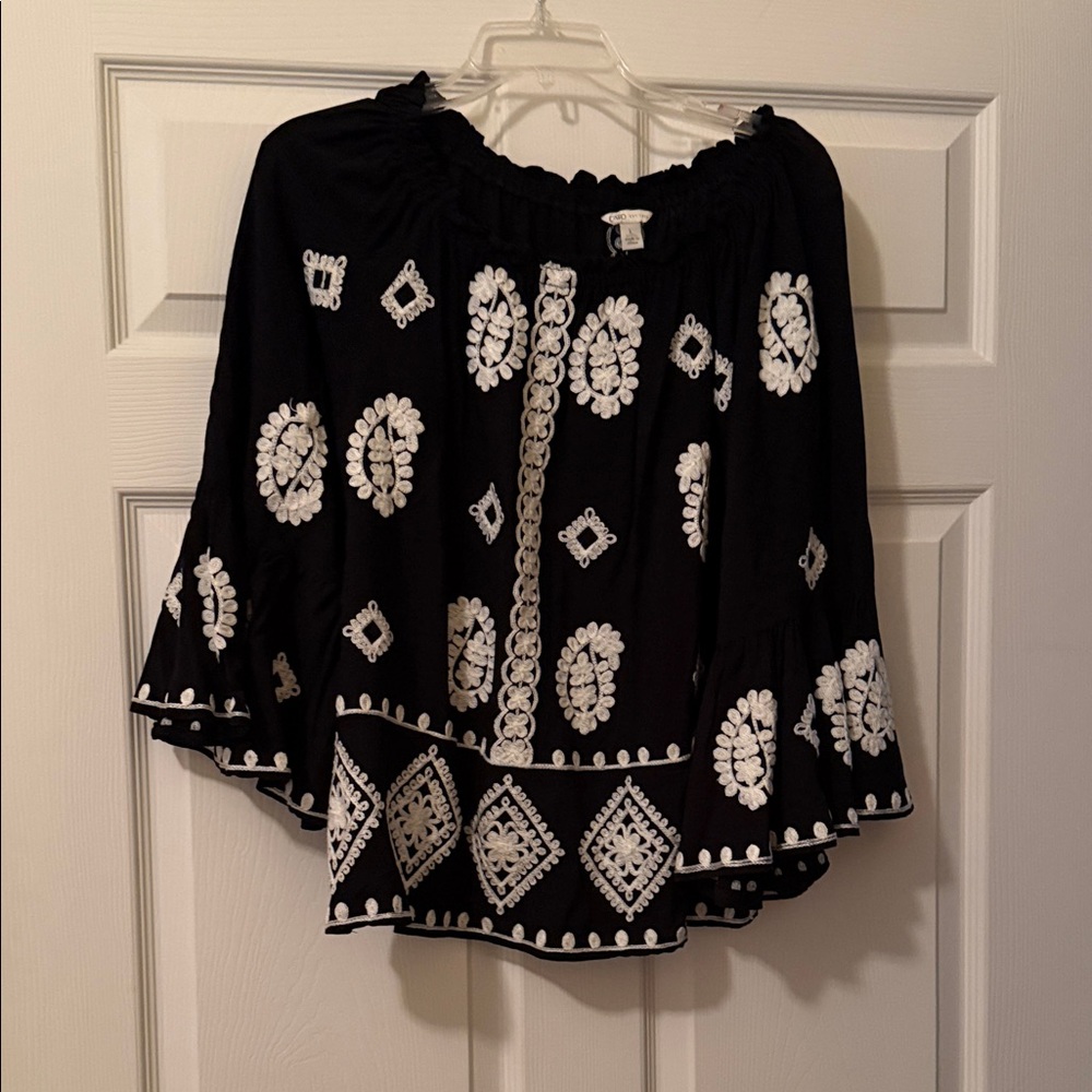 Cato Black Blouse with White Embroidery